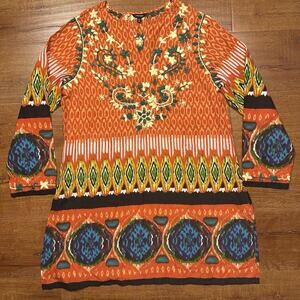 J Peterman Dress Womens L Floral Embroidered Long Sleeve V Neck Ethnic Boho